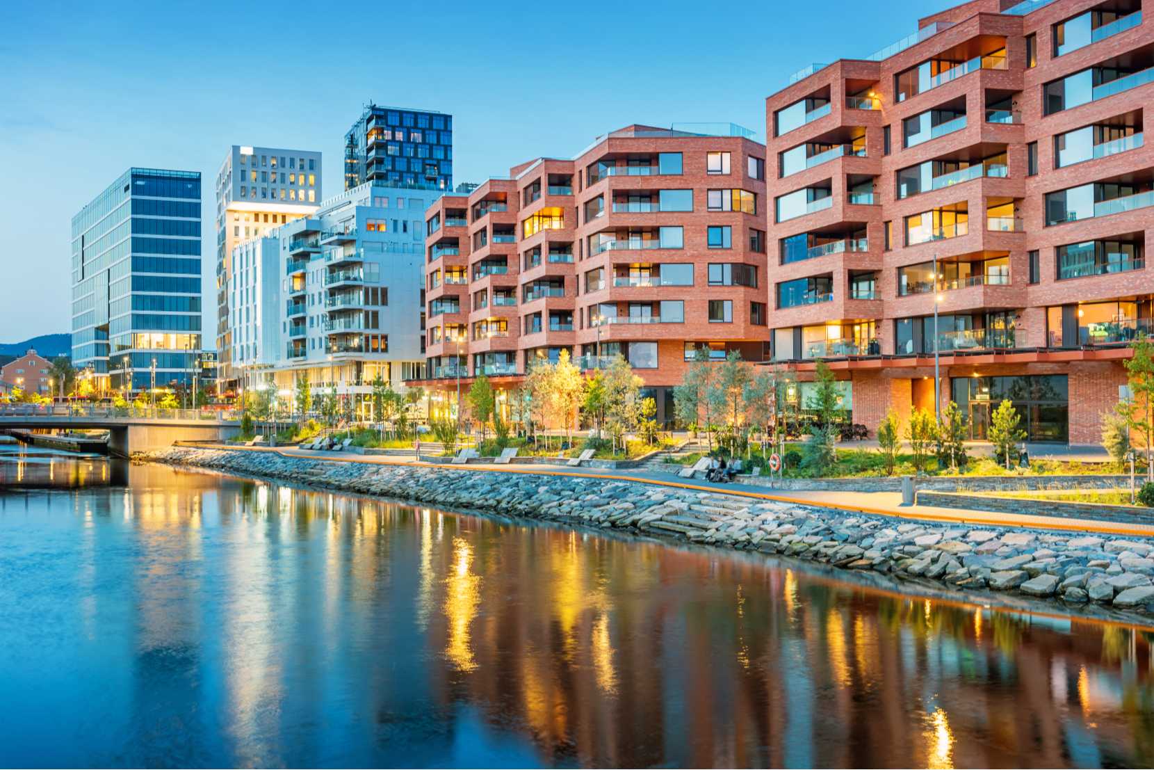 Modern buildings by a river